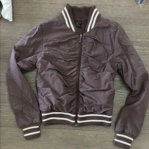 Forever 21 Chocolate Bomber Jacket with Striped Accents